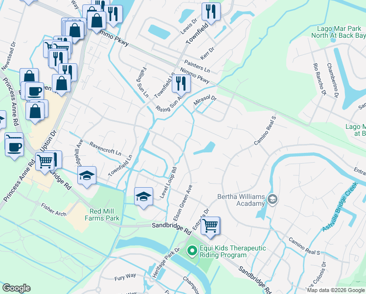 map of restaurants, bars, coffee shops, grocery stores, and more near 2664 Elson Green Avenue in Virginia Beach