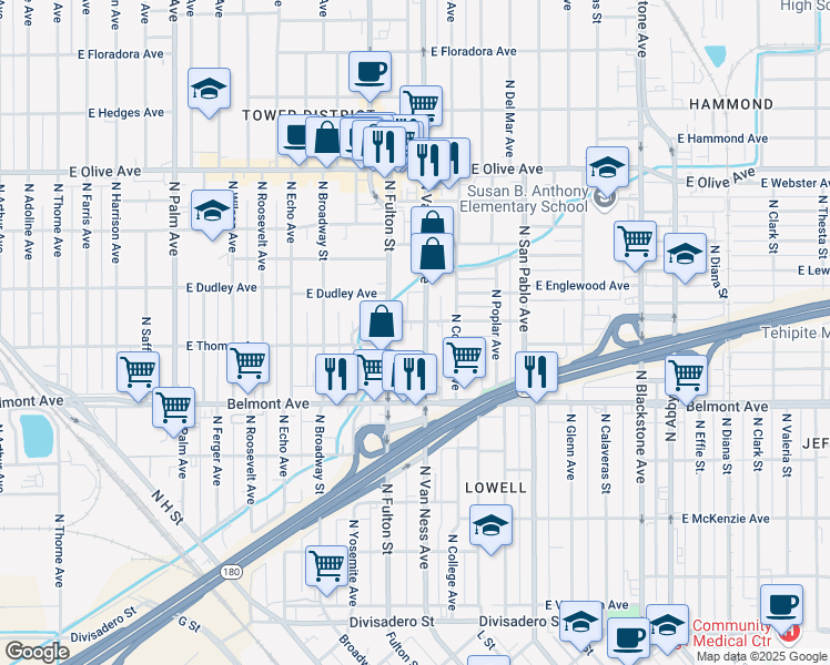 map of restaurants, bars, coffee shops, grocery stores, and more near 960 East Bremer Avenue in Fresno
