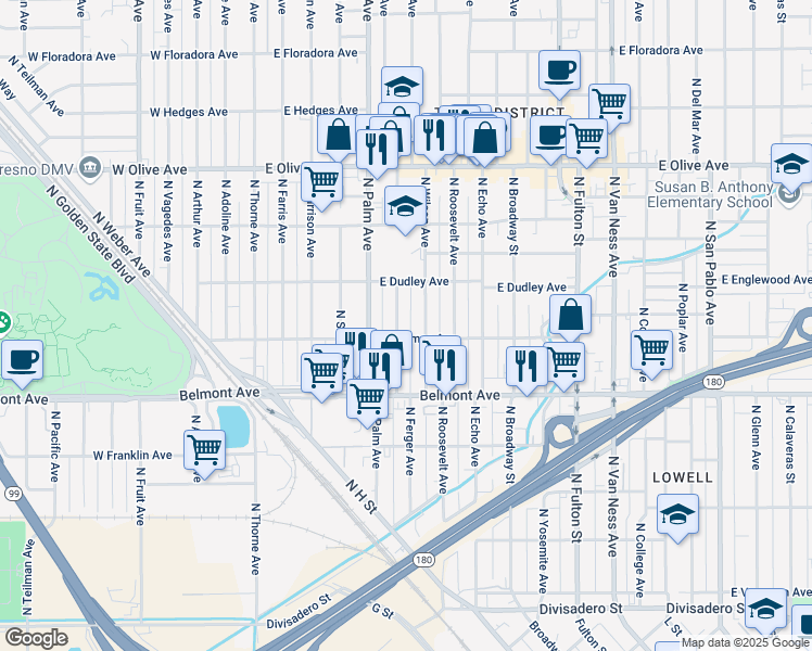 map of restaurants, bars, coffee shops, grocery stores, and more near 737 North Wilson Avenue in Fresno