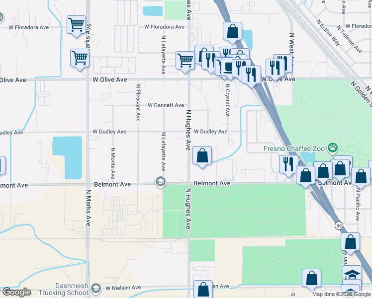 map of restaurants, bars, coffee shops, grocery stores, and more near 820 North Lafayette Avenue in Fresno
