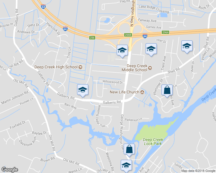 map of restaurants, bars, coffee shops, grocery stores, and more near 413 Blanche Court in Chesapeake