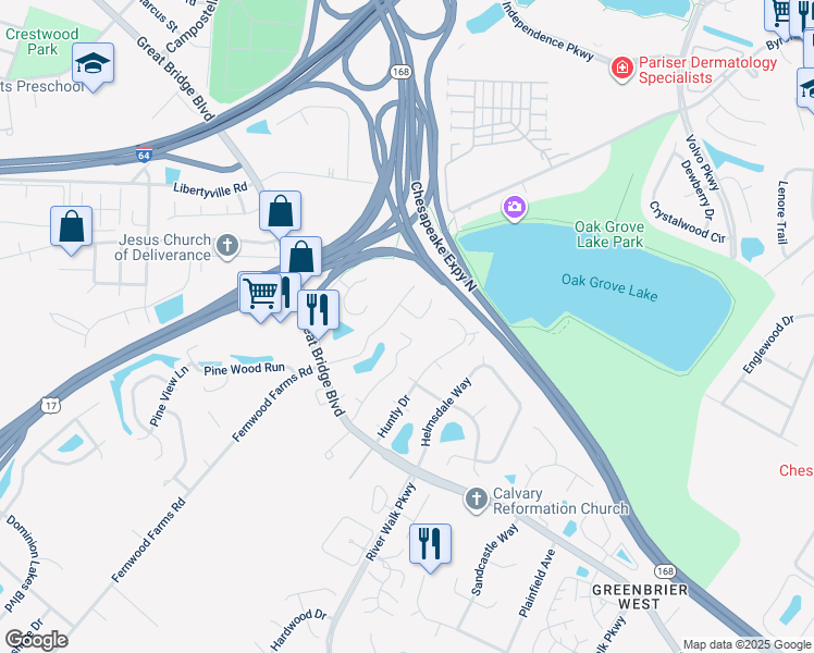 map of restaurants, bars, coffee shops, grocery stores, and more near 606 Rue Saint La Rogue in Chesapeake
