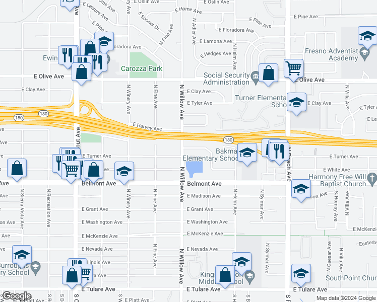 map of restaurants, bars, coffee shops, grocery stores, and more near 5016 East Thomas Avenue in Fresno