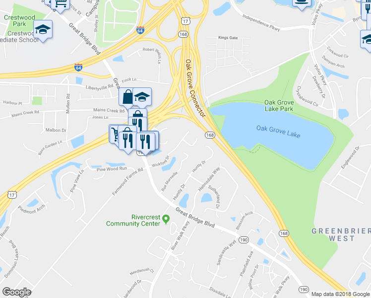 map of restaurants, bars, coffee shops, grocery stores, and more near 608 Rue Saint La Rogue in Chesapeake