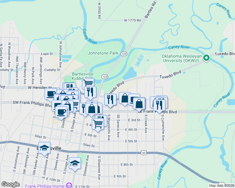 map of restaurants, bars, coffee shops, grocery stores, and more near 119 North Seneca Avenue in Bartlesville