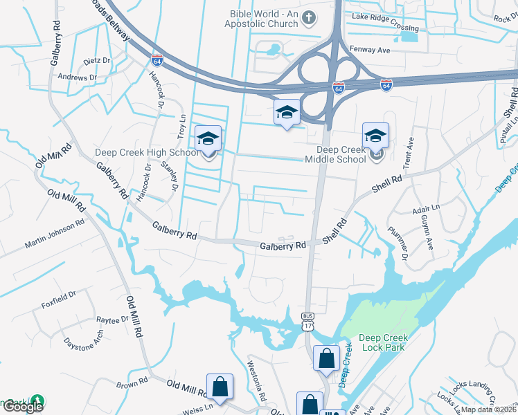 map of restaurants, bars, coffee shops, grocery stores, and more near 401 East Blanche Drive in Chesapeake