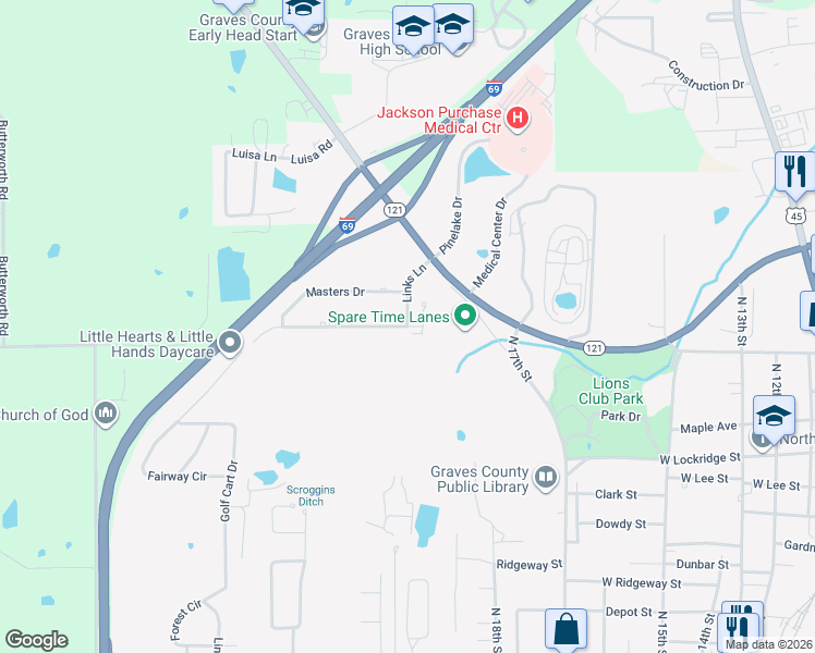 map of restaurants, bars, coffee shops, grocery stores, and more near 1101 Links Lane in Mayfield