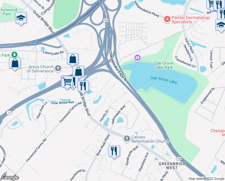 map of restaurants, bars, coffee shops, grocery stores, and more near 1025 Wickford Court in Chesapeake