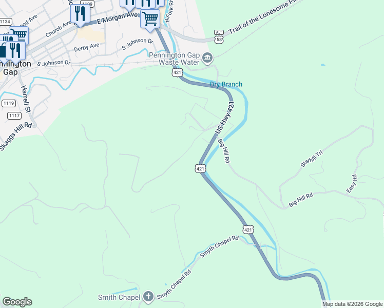 map of restaurants, bars, coffee shops, grocery stores, and more near U.S. 421 in Pennington Gap