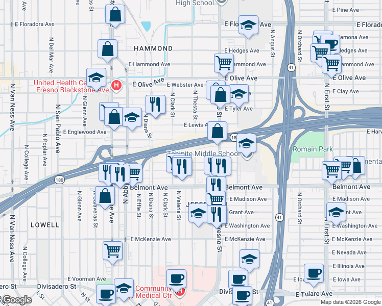 map of restaurants, bars, coffee shops, grocery stores, and more near 2267 North Thesta Street in Fresno