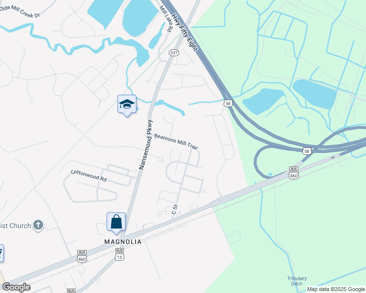 map of restaurants, bars, coffee shops, grocery stores, and more near 416 Beamons Mill Trail in Suffolk