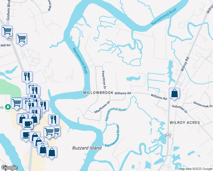 map of restaurants, bars, coffee shops, grocery stores, and more near 1206 Peachtree Drive in Suffolk