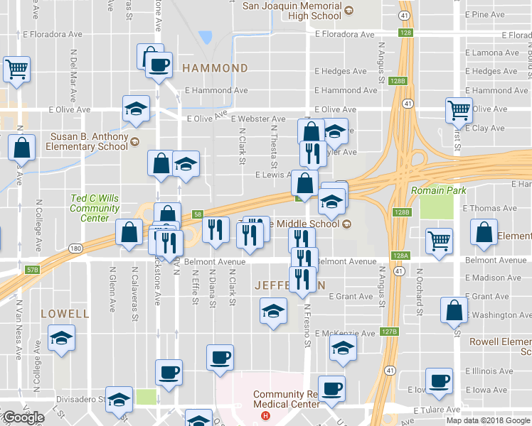 map of restaurants, bars, coffee shops, grocery stores, and more near 2263 East Thomas Avenue in Fresno