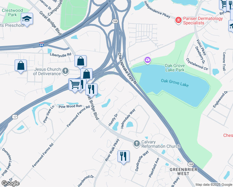 map of restaurants, bars, coffee shops, grocery stores, and more near 608 Rue Saint La Rogue in Chesapeake