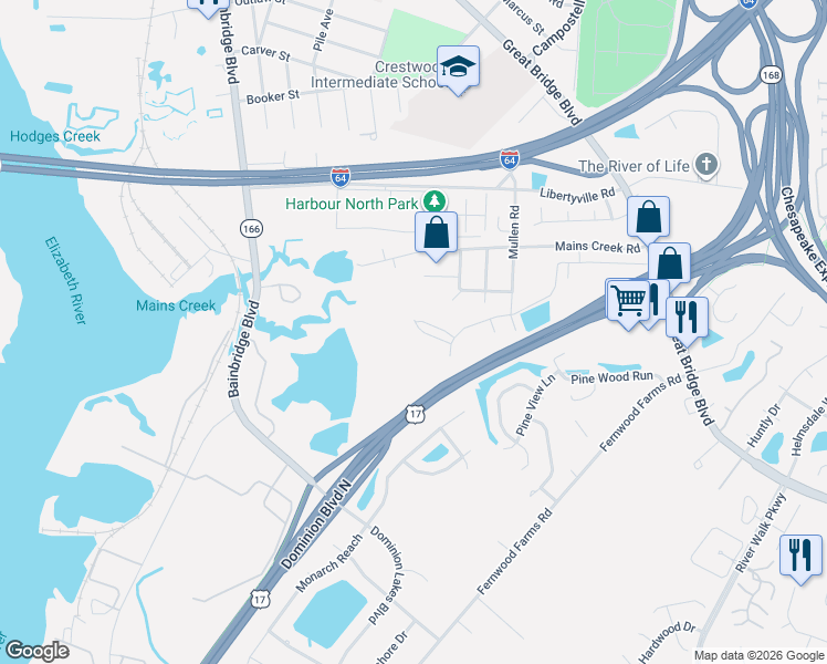 map of restaurants, bars, coffee shops, grocery stores, and more near 718 Albertine Court in Chesapeake