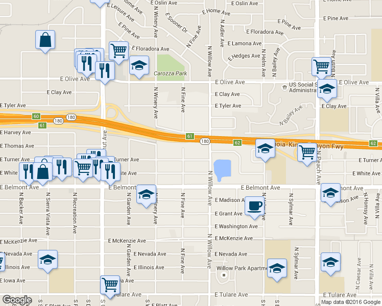 map of restaurants, bars, coffee shops, grocery stores, and more near 4977 East Turner Avenue in Fresno