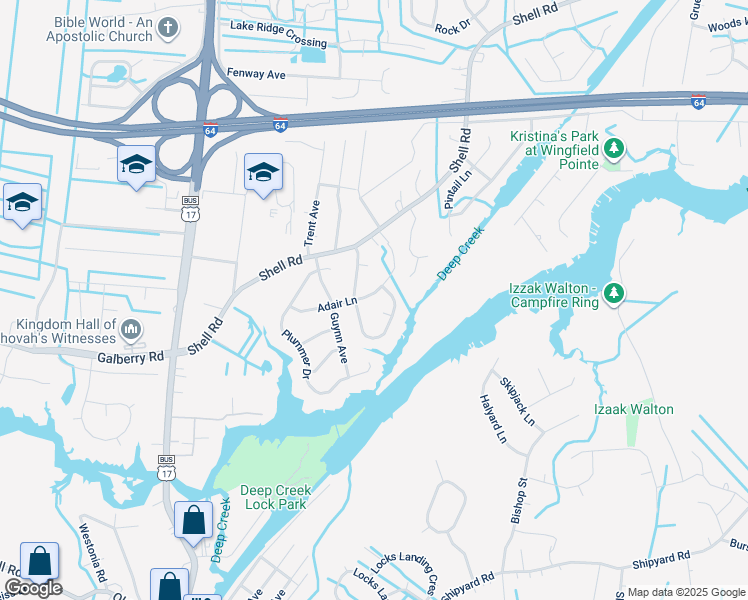 map of restaurants, bars, coffee shops, grocery stores, and more near 600 Adair Lane in Chesapeake