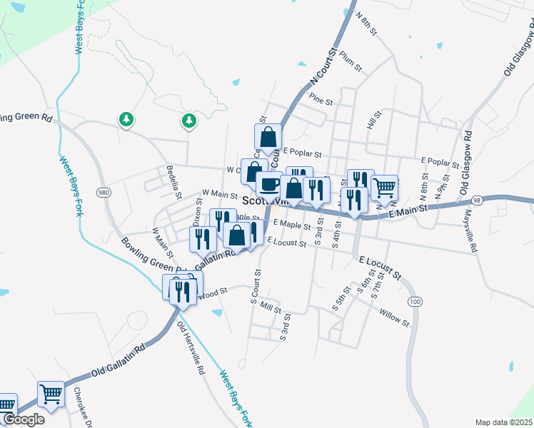 map of restaurants, bars, coffee shops, grocery stores, and more near in Scottsville