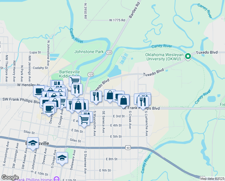 map of restaurants, bars, coffee shops, grocery stores, and more near 130 North Choctaw Avenue in Bartlesville