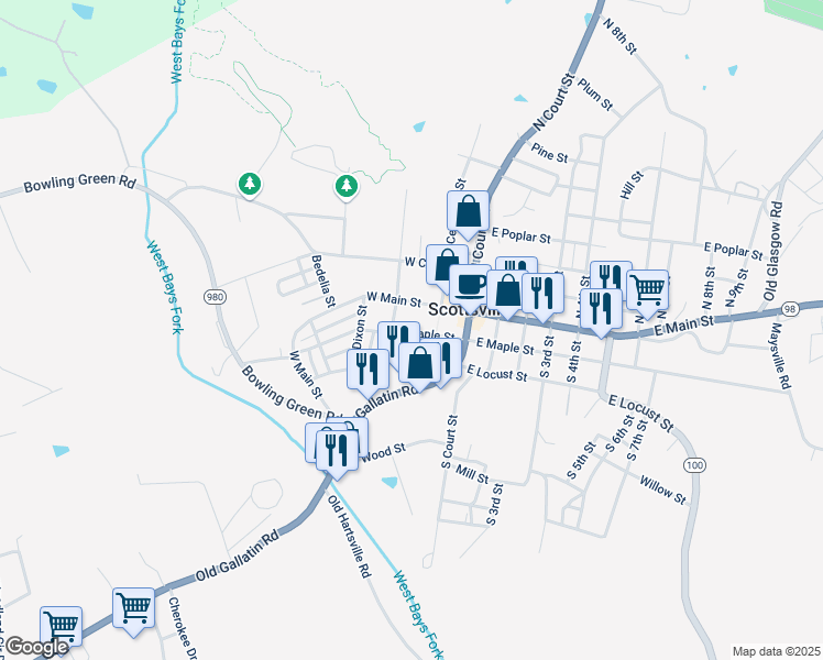 map of restaurants, bars, coffee shops, grocery stores, and more near 198 S Welch St in Scottsville