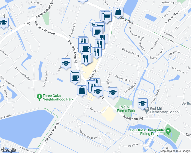 map of restaurants, bars, coffee shops, grocery stores, and more near 2424 Wessington Drive in Virginia Beach