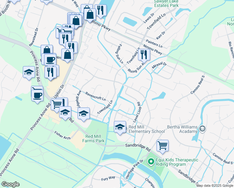 map of restaurants, bars, coffee shops, grocery stores, and more near 2520 Townfield Lane in Virginia Beach