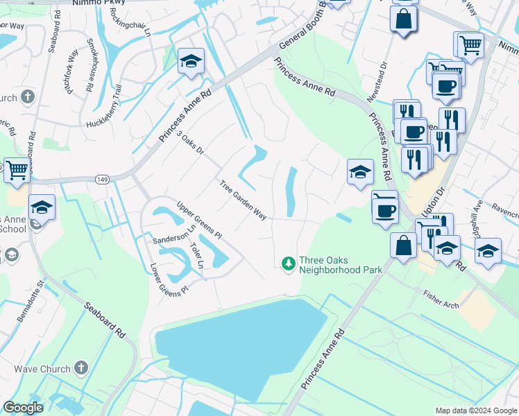 map of restaurants, bars, coffee shops, grocery stores, and more near 2536 Tree Garden Way in Virginia Beach