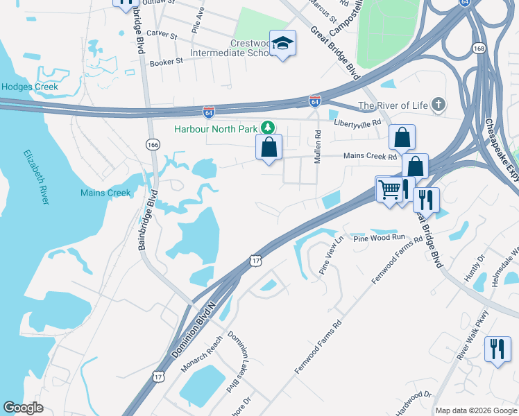 map of restaurants, bars, coffee shops, grocery stores, and more near 718 Albertine Court in Chesapeake