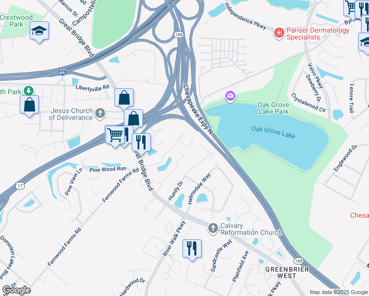 map of restaurants, bars, coffee shops, grocery stores, and more near 1017 Wickford Court in Chesapeake