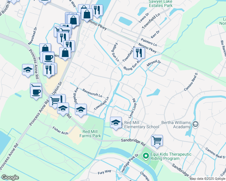 map of restaurants, bars, coffee shops, grocery stores, and more near 2520 Townfield Lane in Virginia Beach