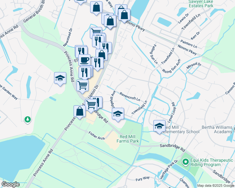 map of restaurants, bars, coffee shops, grocery stores, and more near 1949 Ravencroft Lane in Virginia Beach