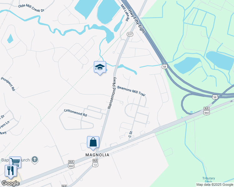 map of restaurants, bars, coffee shops, grocery stores, and more near 1232 Nansemond Parkway in Suffolk