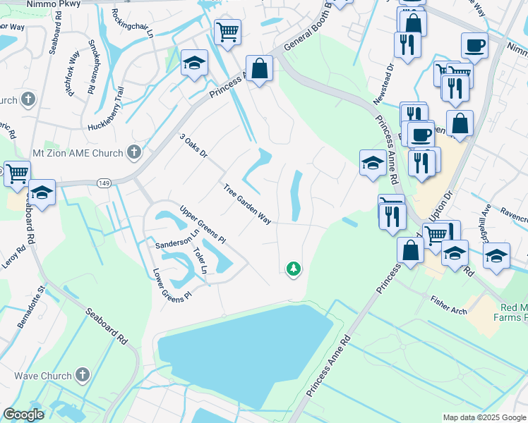 map of restaurants, bars, coffee shops, grocery stores, and more near 2536 Tree Garden Way in Virginia Beach
