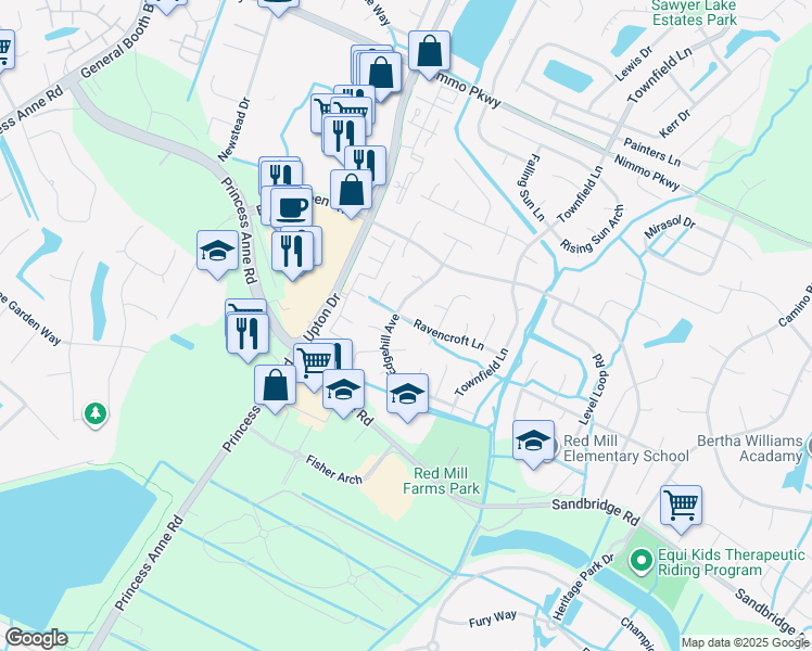 map of restaurants, bars, coffee shops, grocery stores, and more near 1949 Ravencroft Lane in Virginia Beach
