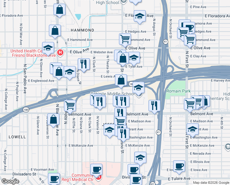 map of restaurants, bars, coffee shops, grocery stores, and more near 2401 East Thomas Avenue in Fresno