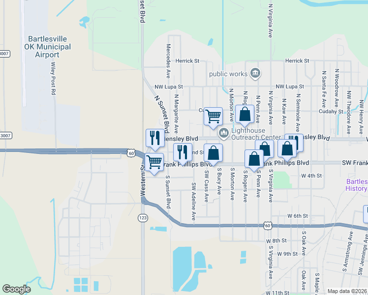 map of restaurants, bars, coffee shops, grocery stores, and more near 1719 West Hensley Boulevard in Bartlesville