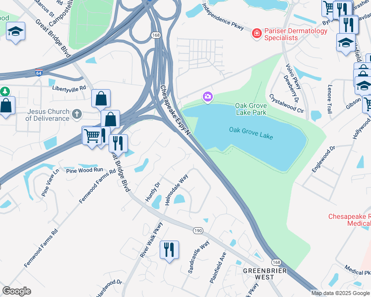 map of restaurants, bars, coffee shops, grocery stores, and more near 811 Huntly Court in Chesapeake