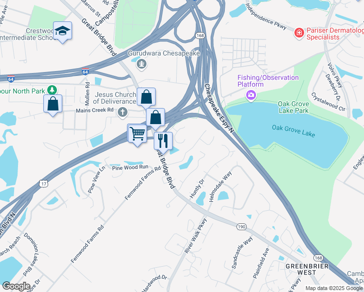 map of restaurants, bars, coffee shops, grocery stores, and more near 719 Hunters Quay in Chesapeake