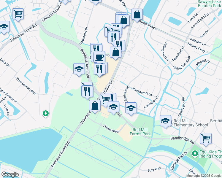 map of restaurants, bars, coffee shops, grocery stores, and more near 2408 Wessington Drive in Virginia Beach