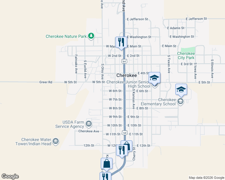 map of restaurants, bars, coffee shops, grocery stores, and more near 514 South Oklahoma Avenue in Cherokee