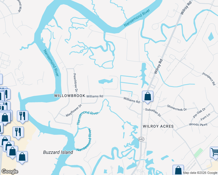 map of restaurants, bars, coffee shops, grocery stores, and more near 1216 Willowbrook Drive in Suffolk