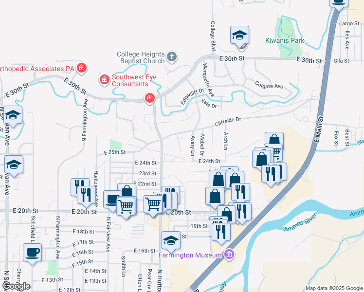 map of restaurants, bars, coffee shops, grocery stores, and more near 2511 North Lee Avenue in Farmington