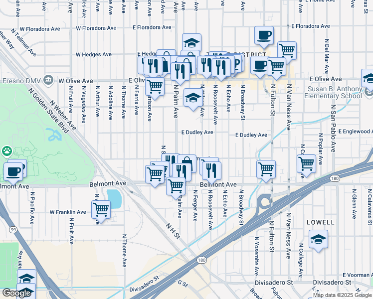 map of restaurants, bars, coffee shops, grocery stores, and more near 735 North Ferger Avenue in Fresno