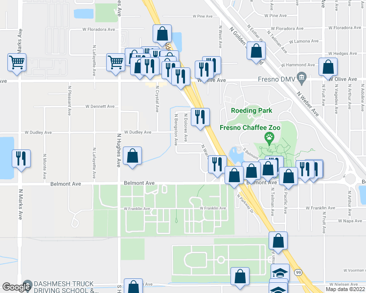 map of restaurants, bars, coffee shops, grocery stores, and more near 1625 West Harvey Avenue in Fresno