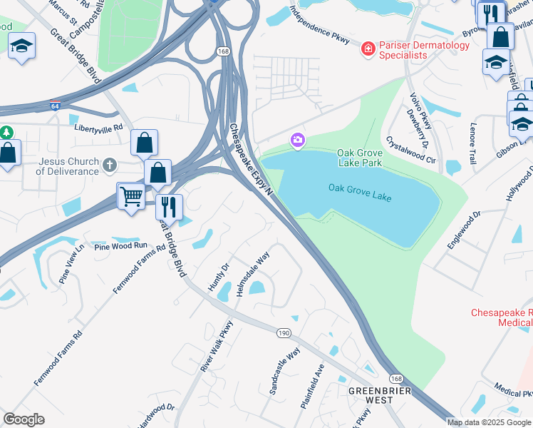 map of restaurants, bars, coffee shops, grocery stores, and more near 811 Huntly Court in Chesapeake
