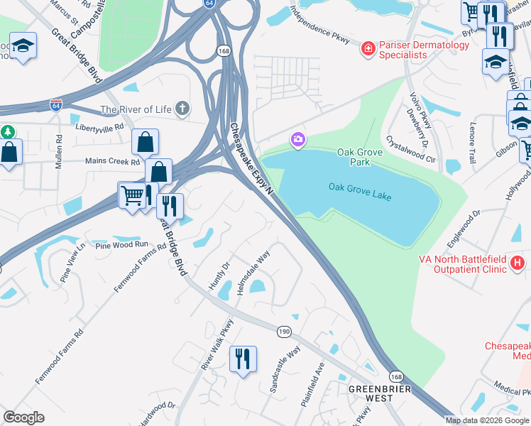 map of restaurants, bars, coffee shops, grocery stores, and more near 811 Huntly Court in Chesapeake