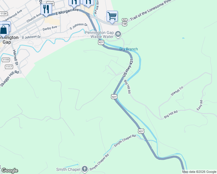 map of restaurants, bars, coffee shops, grocery stores, and more near U.S. 421 in Pennington Gap