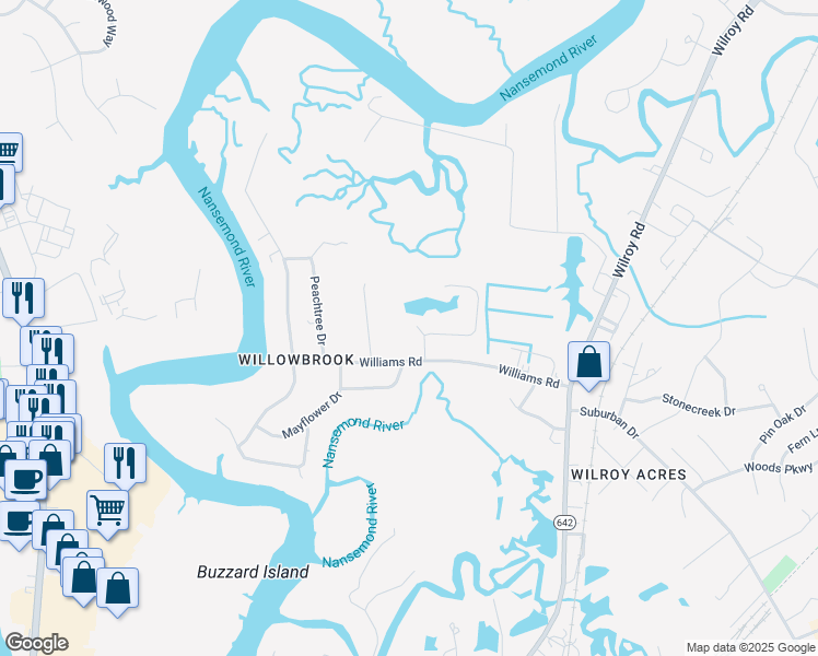 map of restaurants, bars, coffee shops, grocery stores, and more near 1206 Willowbrook Drive in Suffolk