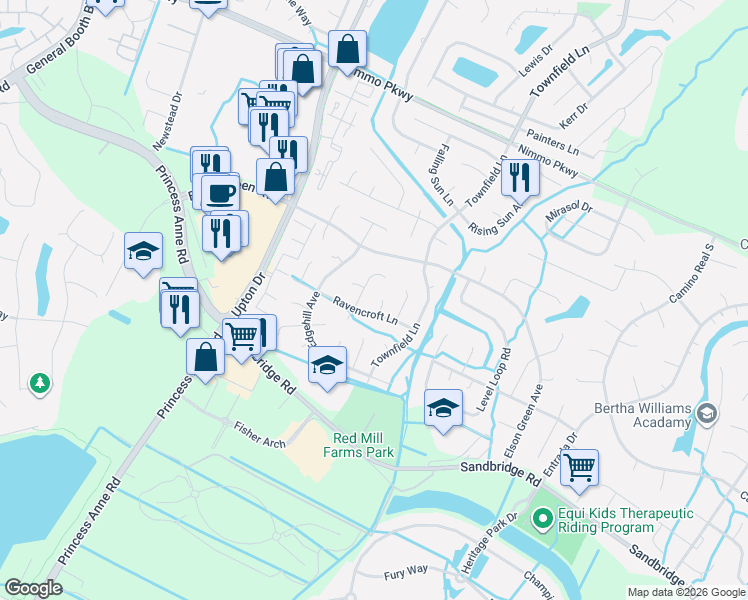 map of restaurants, bars, coffee shops, grocery stores, and more near 2509 Ravencroft Court in Virginia Beach