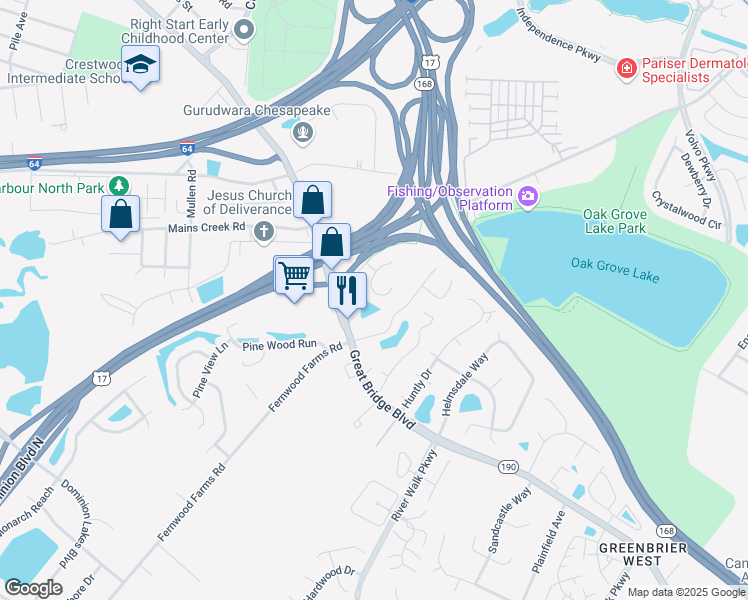 map of restaurants, bars, coffee shops, grocery stores, and more near 731 Hunters Quay in Chesapeake
